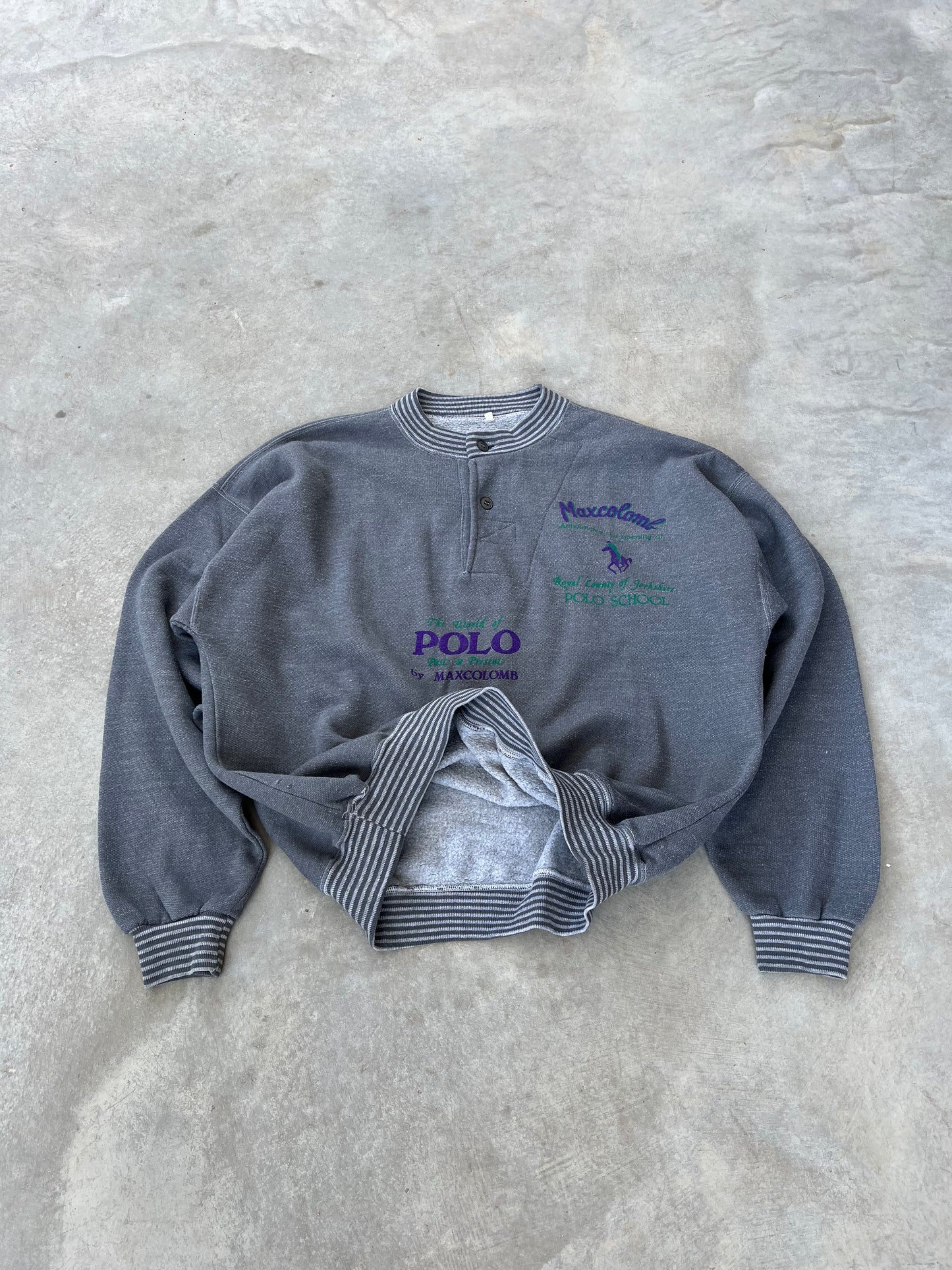 1990S - GRAY POLO PRINT BUTTONED SWEATSHIRT- L