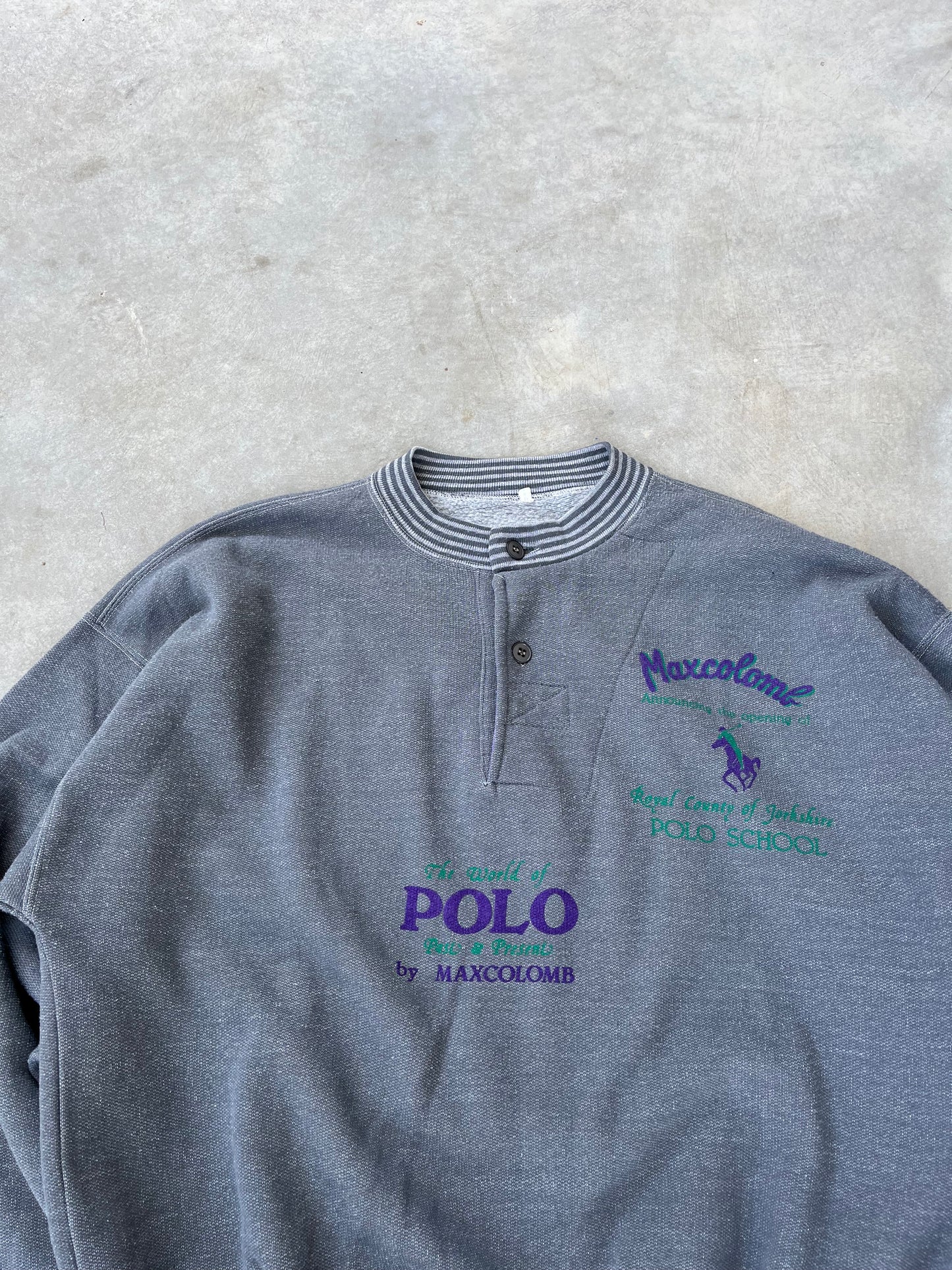 1990S - GRAY POLO PRINT BUTTONED SWEATSHIRT- L