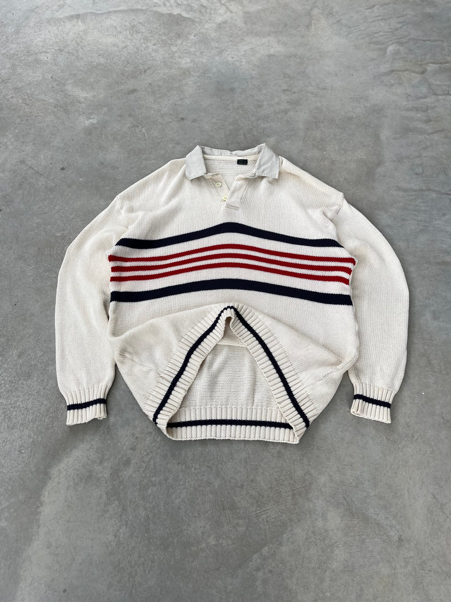 1990S - NAVY & RED POLO COLLAR STRIPED SWEATER - L
