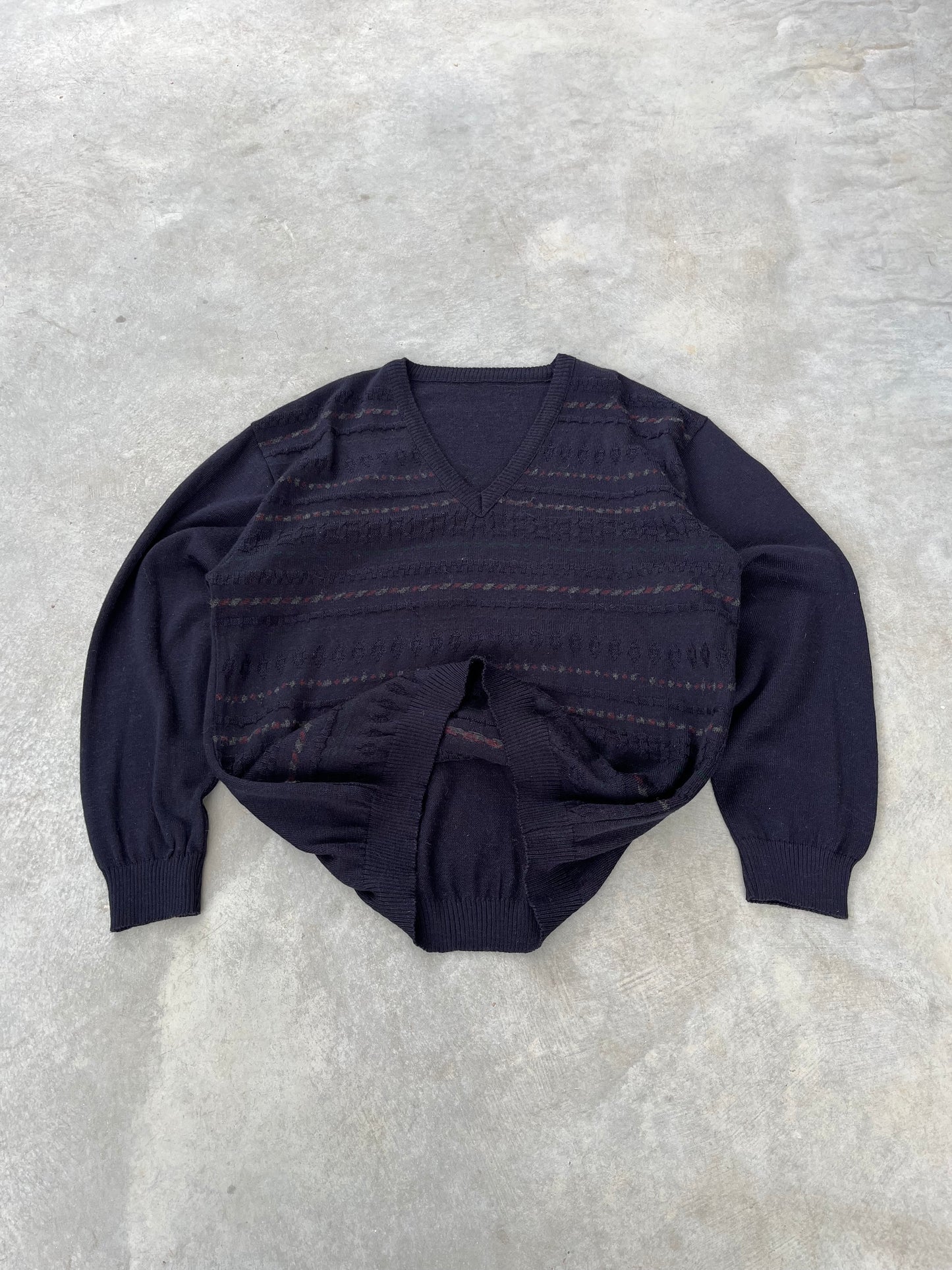 1990S - INDIGO PATTERNED V NECK SWEATER - L