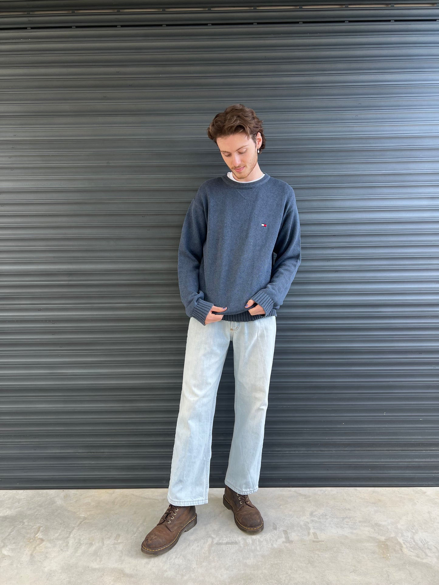 1990S - TOMMY HILFIGER GRAY/BLUE SWEATER - L