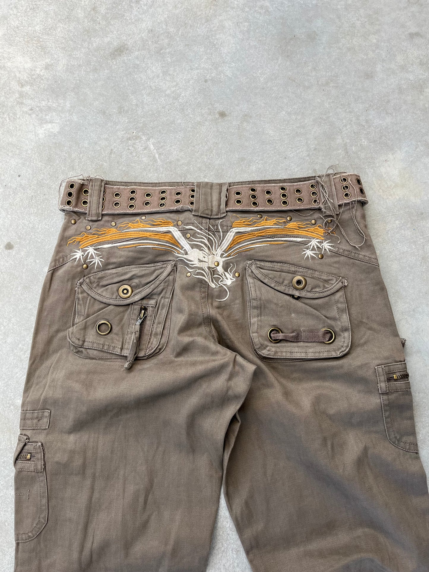 2000S - WIDE LEG EMBROIDERED BROWN CARGO PANTS - 40
