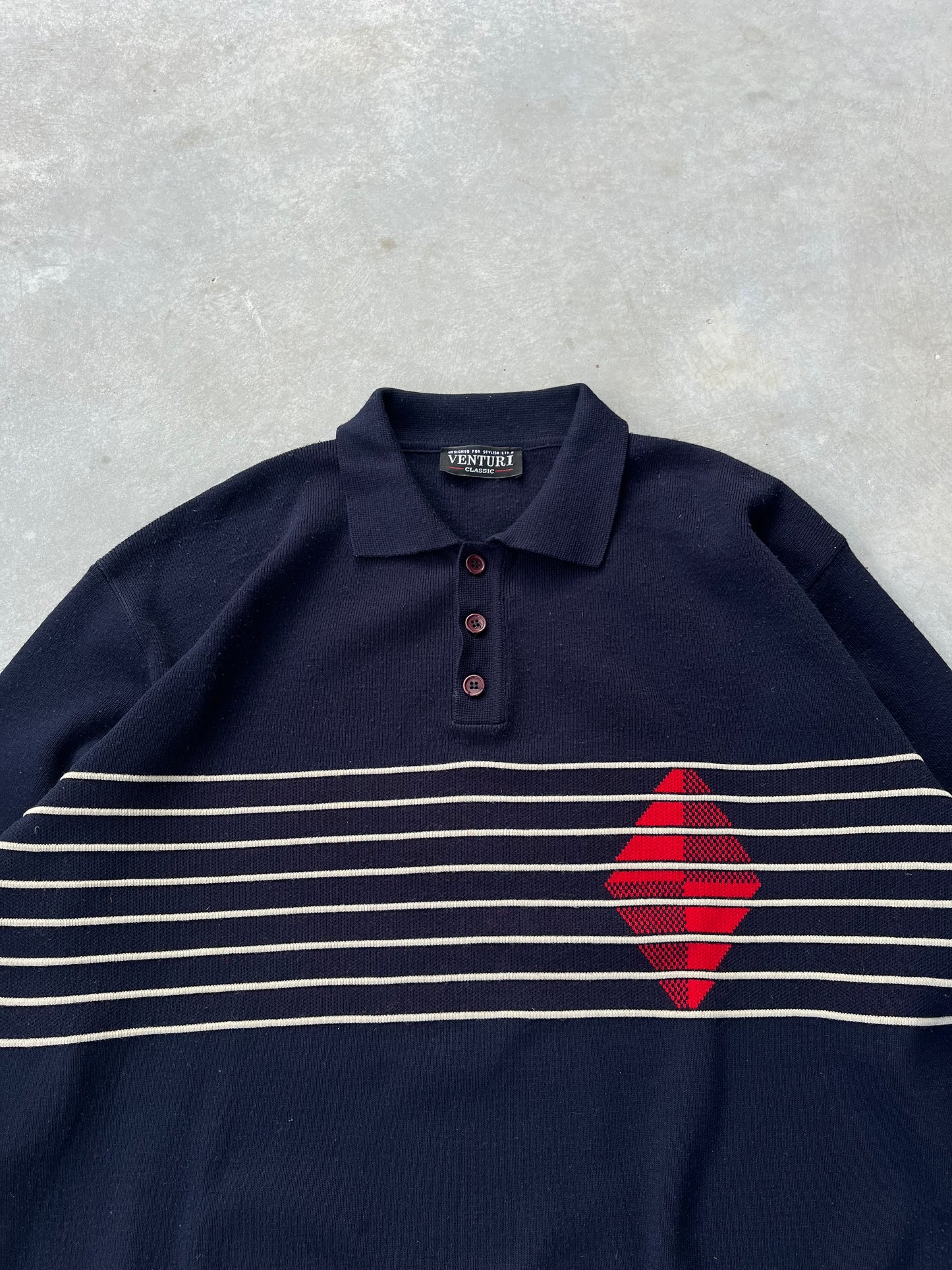 1990S - KITE STRIPED POLO BUTTONED SWEATER - L