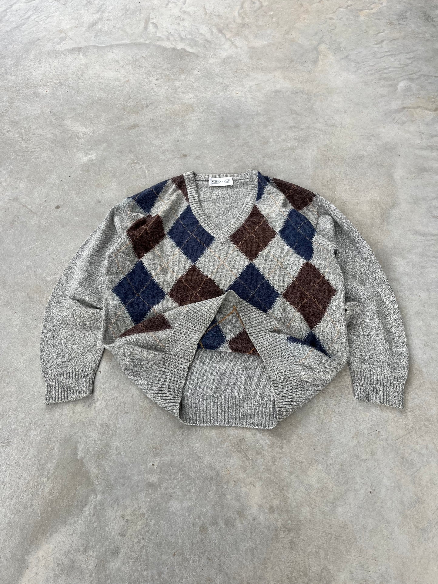 1970S - ARGYLE V NECK SWEATER - M