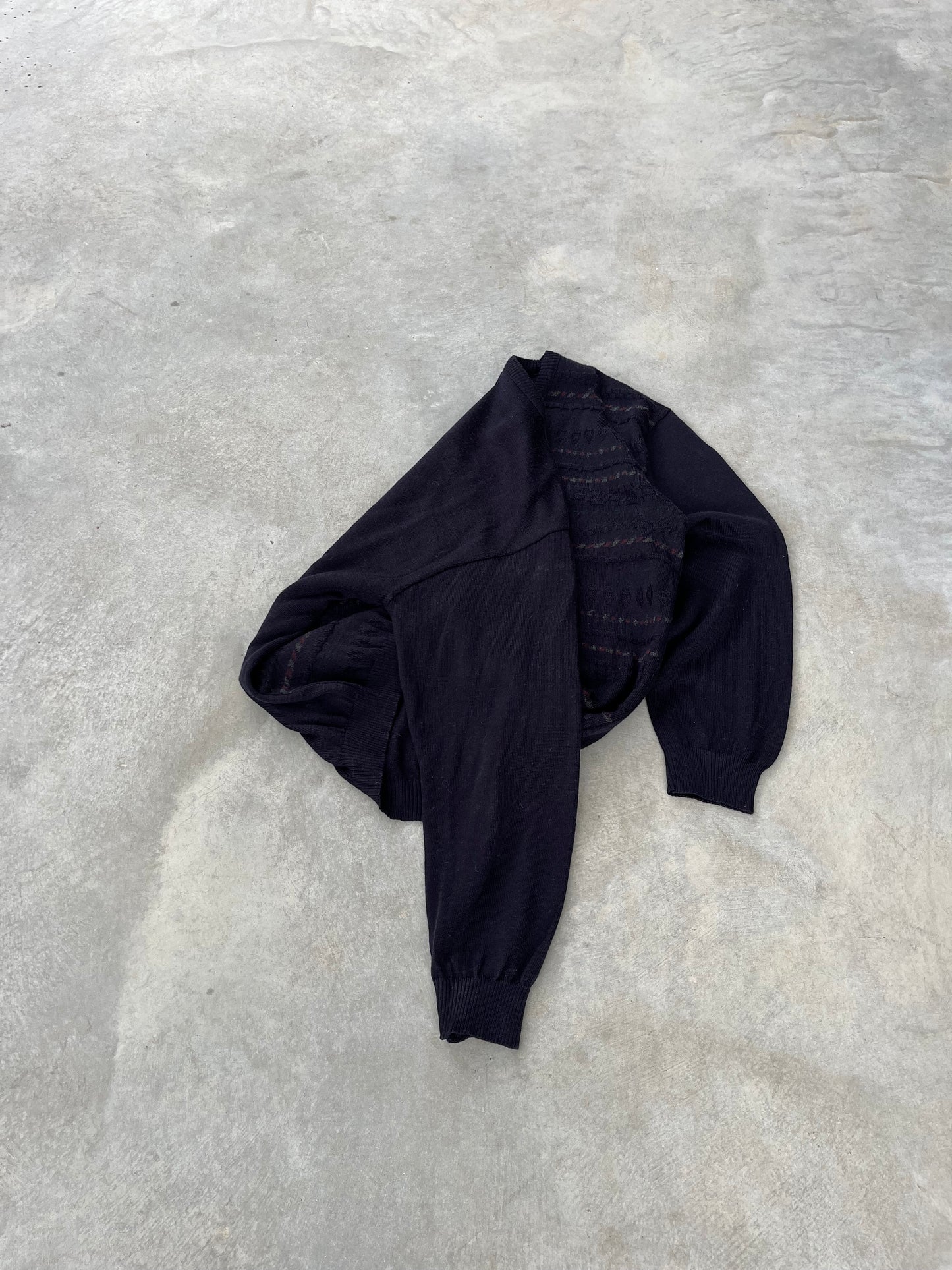 1990S - INDIGO PATTERNED V NECK SWEATER - L