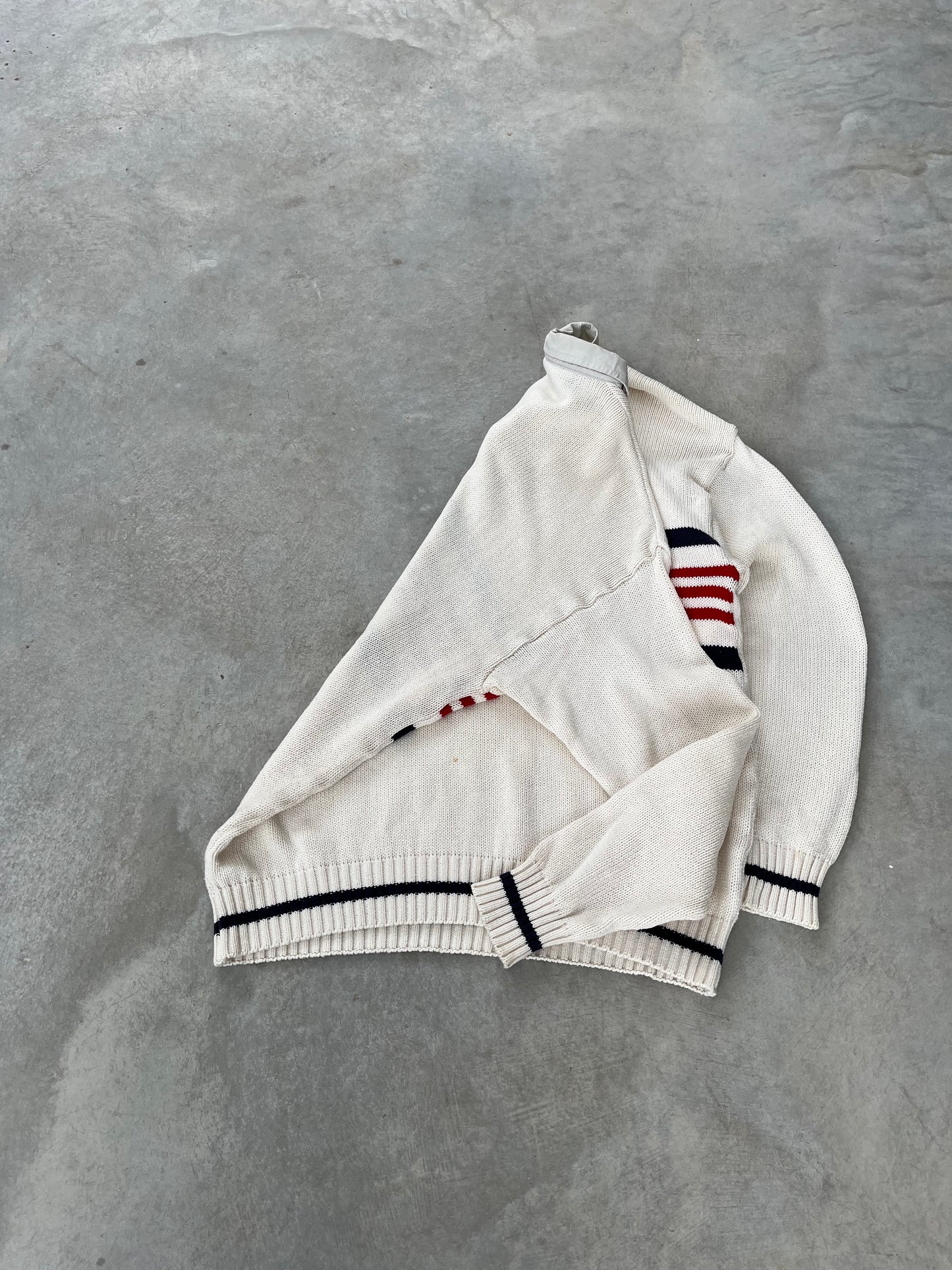 1990S - NAVY & RED POLO COLLAR STRIPED SWEATER - L