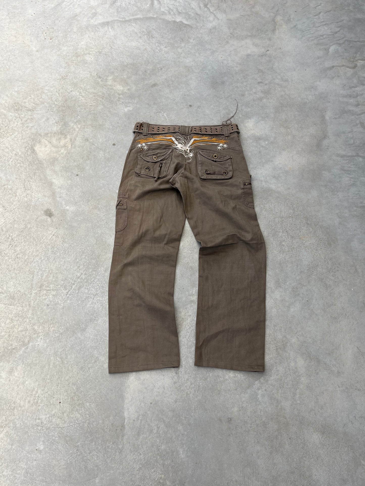2000S - WIDE LEG EMBROIDERED BROWN CARGO PANTS - 40
