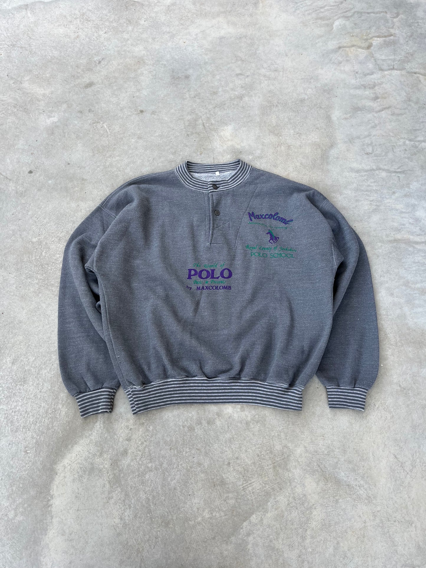1990S - GRAY POLO PRINT BUTTONED SWEATSHIRT- L