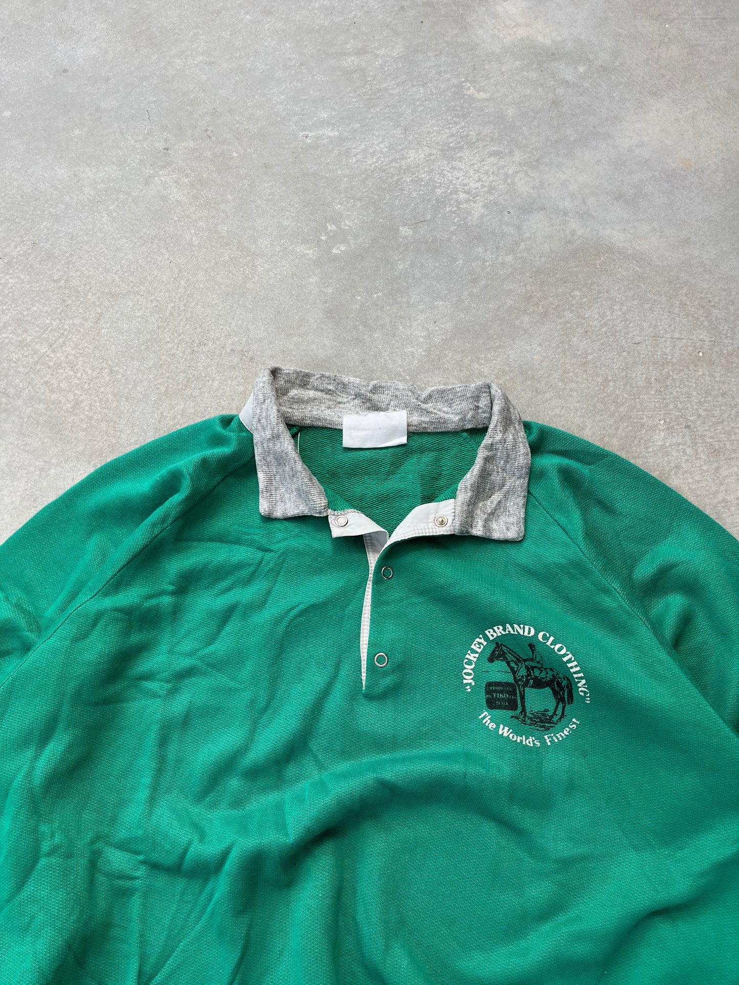 1990S - GREEN POLO COLLAR PRINTED SWEATSHIRT - M