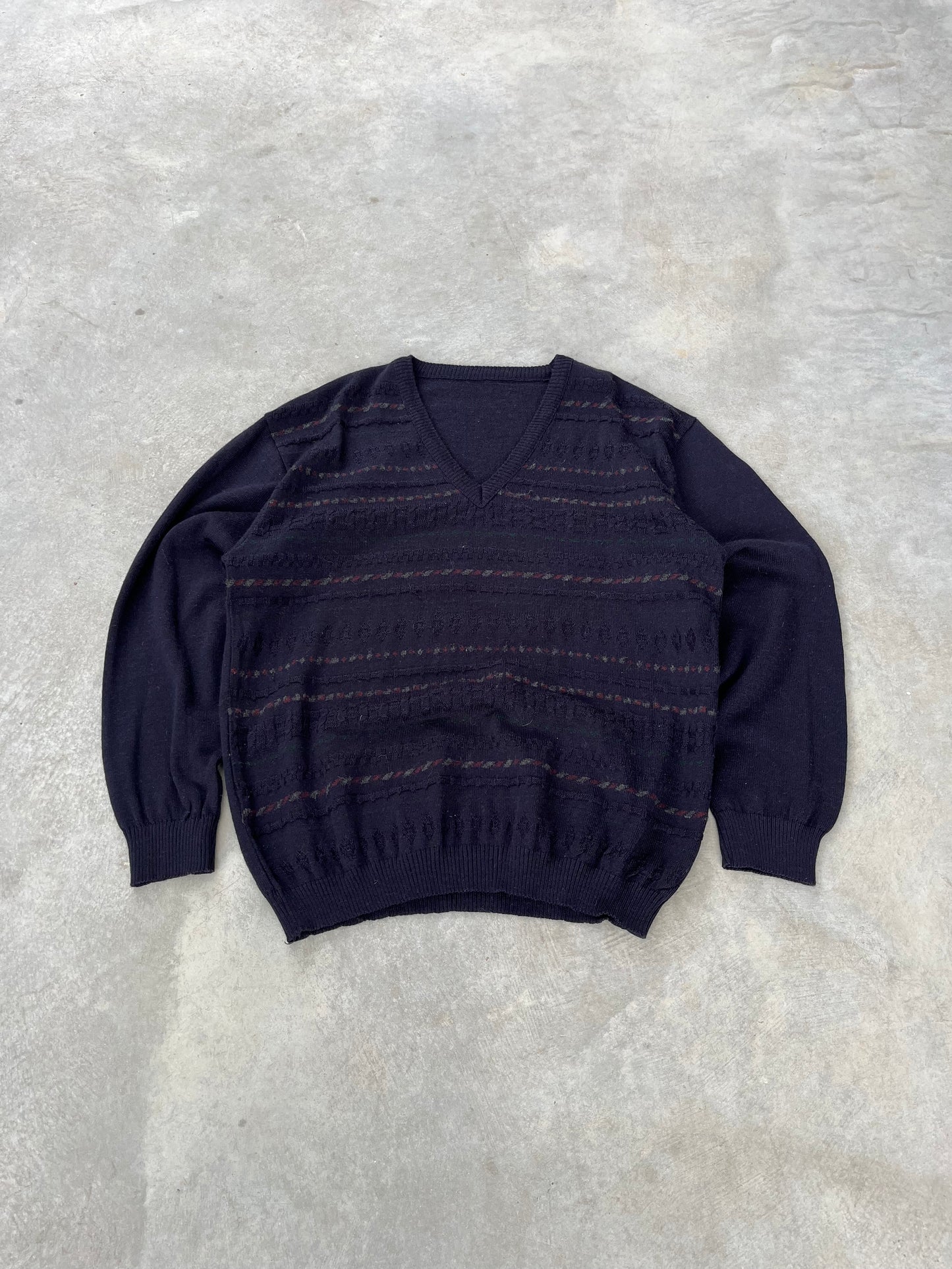 1990S - INDIGO PATTERNED V NECK SWEATER - L