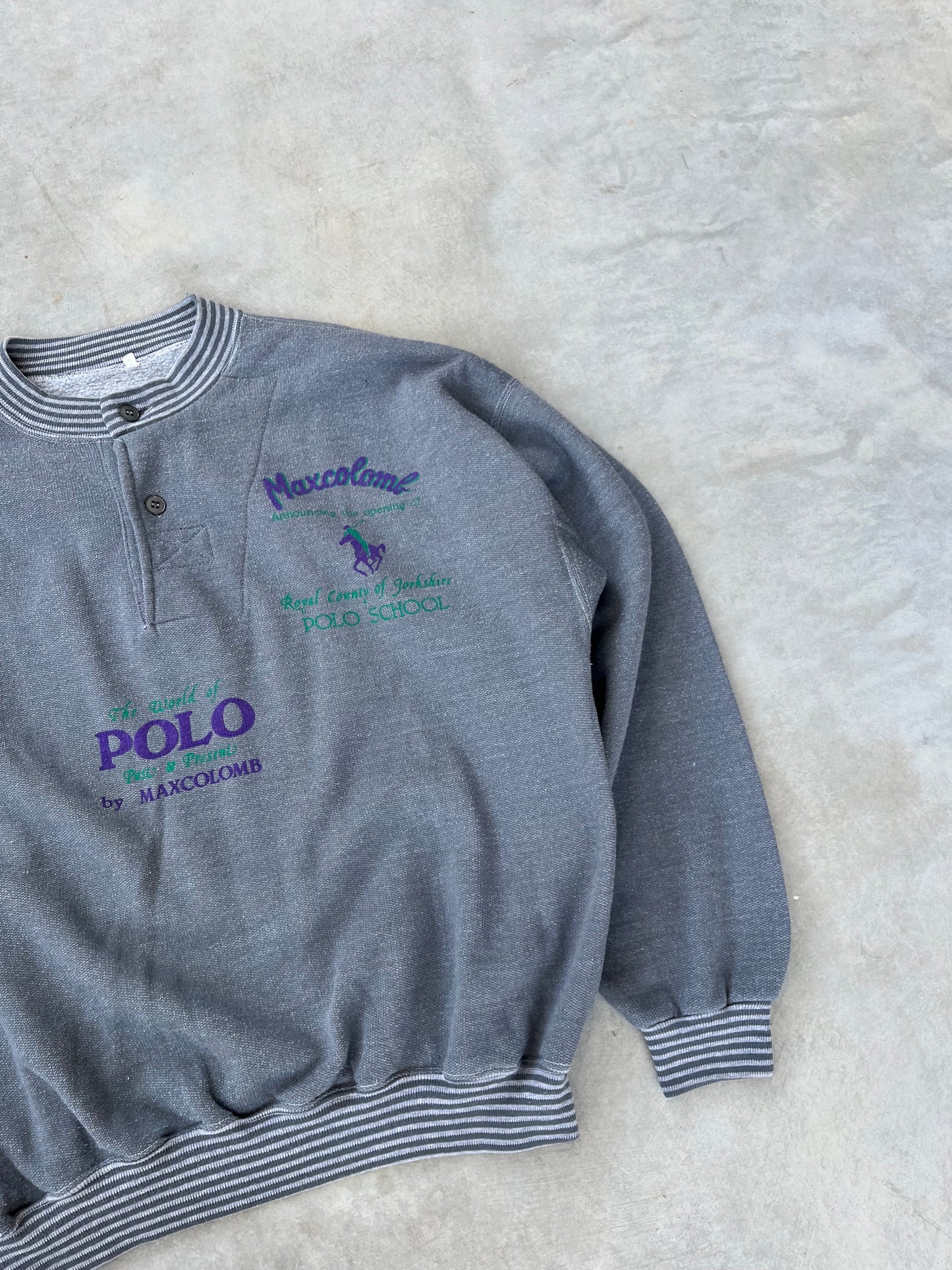 1990S - GRAY POLO PRINT BUTTONED SWEATSHIRT- L