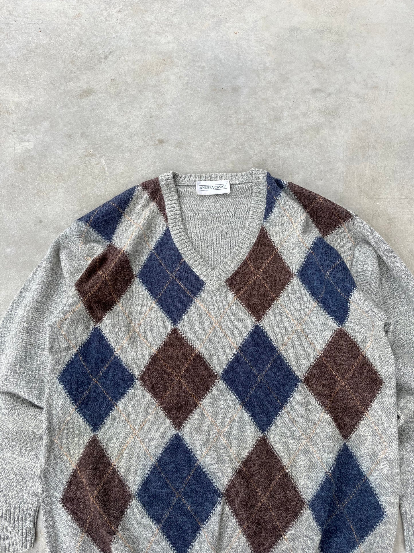 1970S - ARGYLE V NECK SWEATER - M