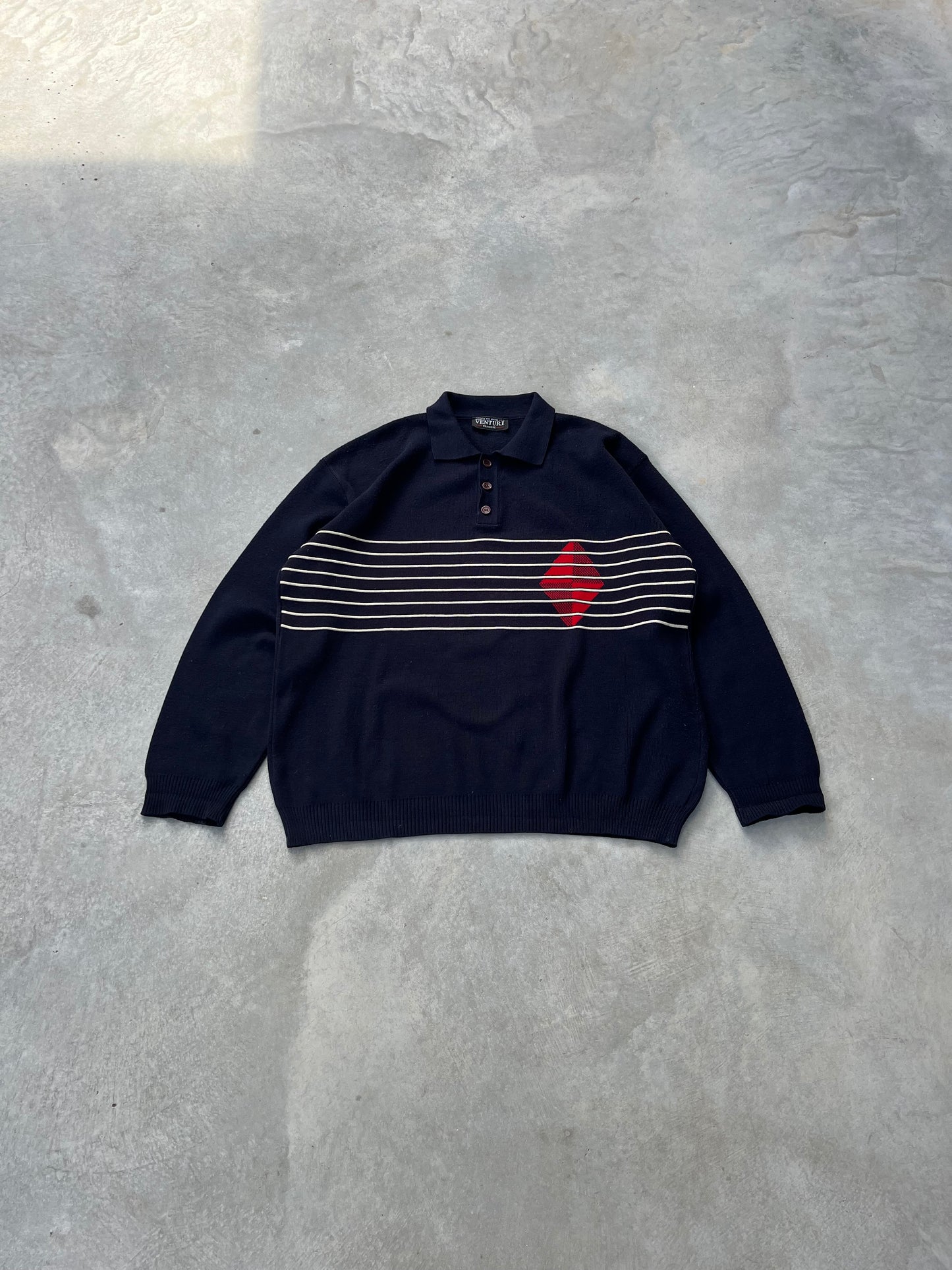 1990S - KITE STRIPED POLO BUTTONED SWEATER - L