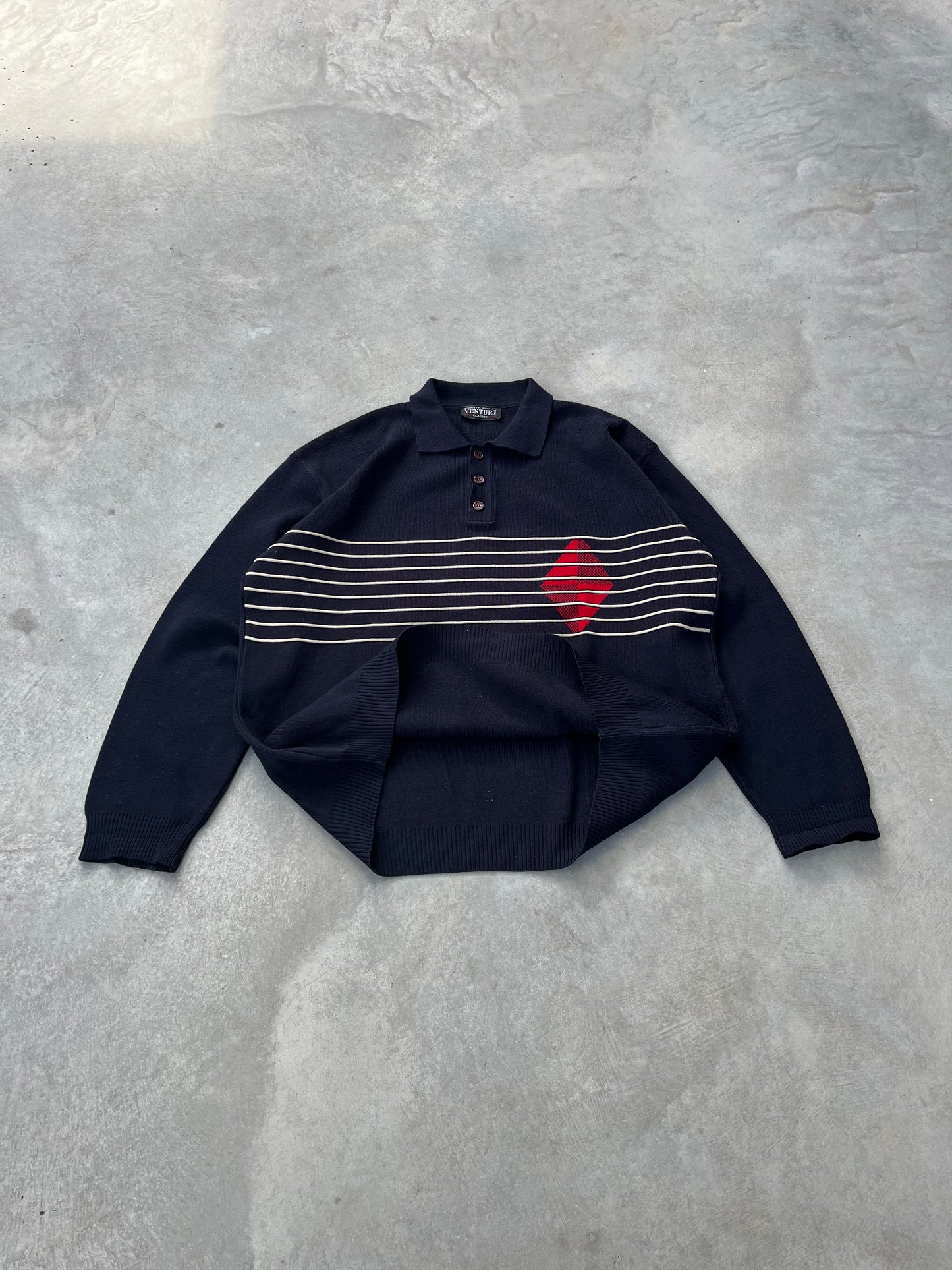 1990S - KITE STRIPED POLO BUTTONED SWEATER - L