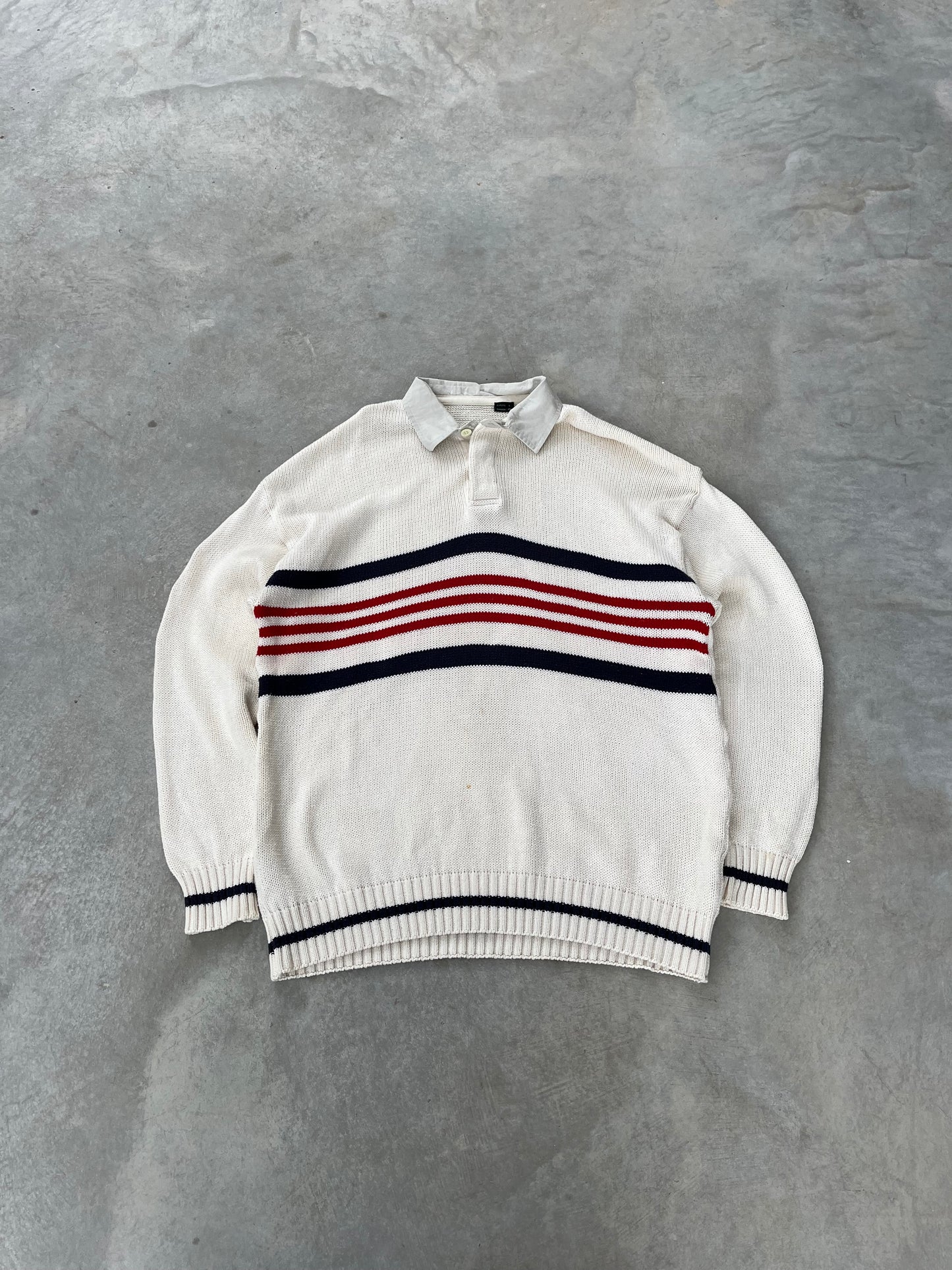 1990S - NAVY & RED POLO COLLAR STRIPED SWEATER - L