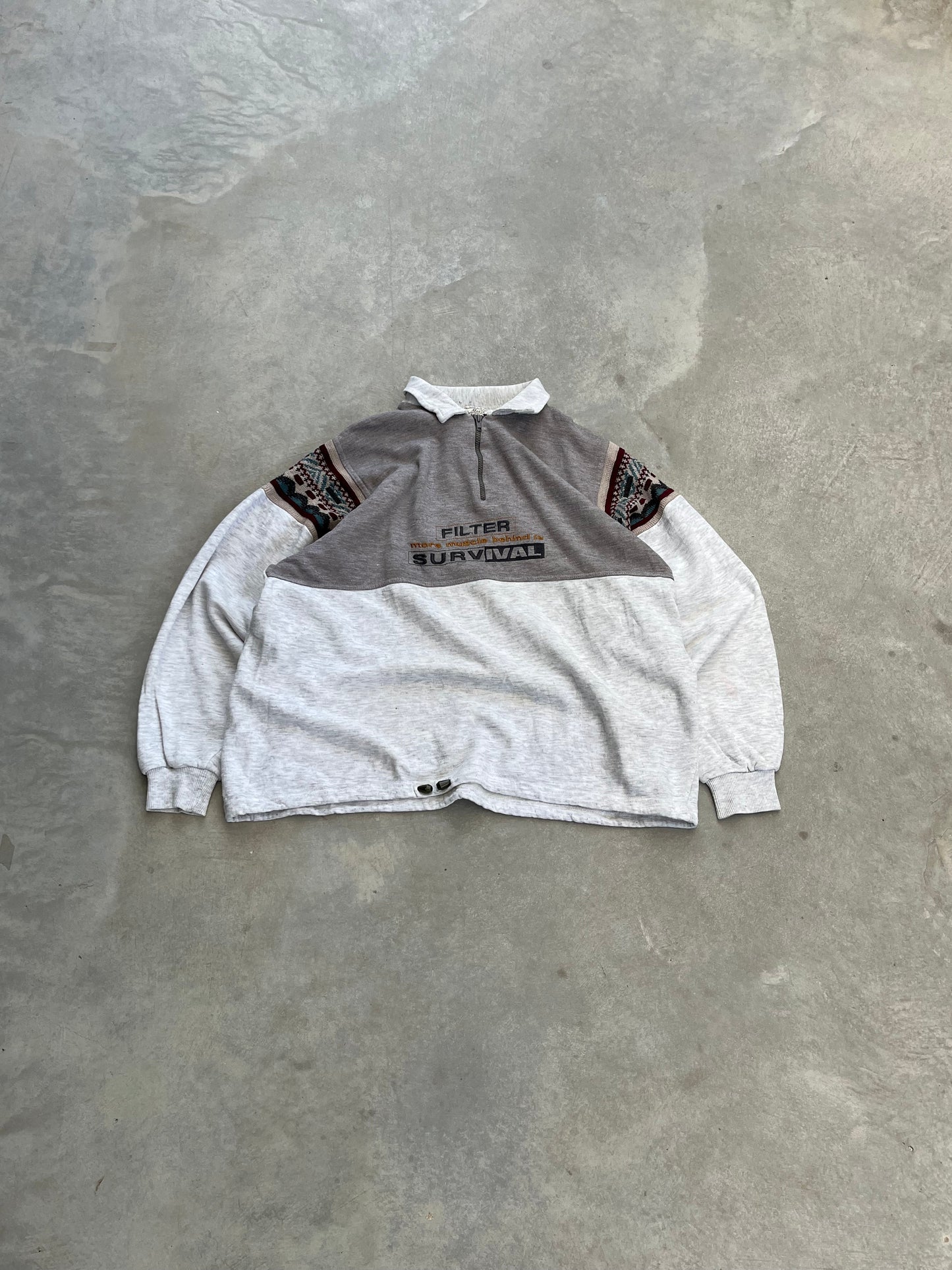 1990S - AZTEC KNIT SLEEVES POLO COLLAR SWEATSHIRT- XL