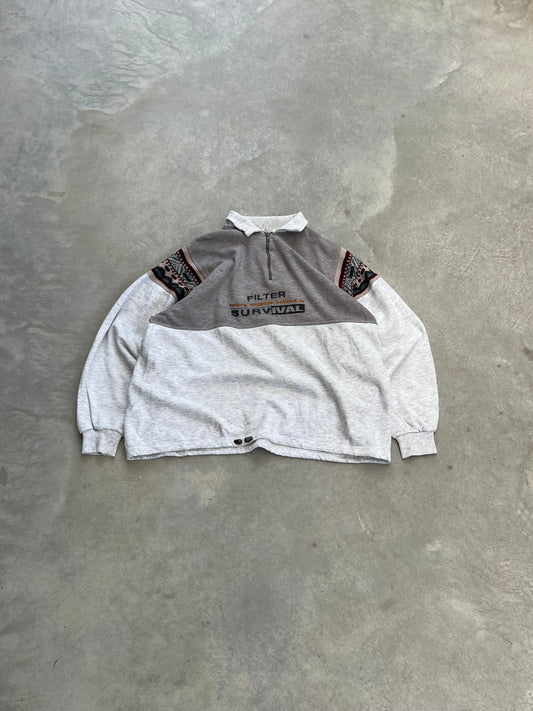 1990S - AZTEC KNIT SLEEVES POLO COLLAR SWEATSHIRT- XL