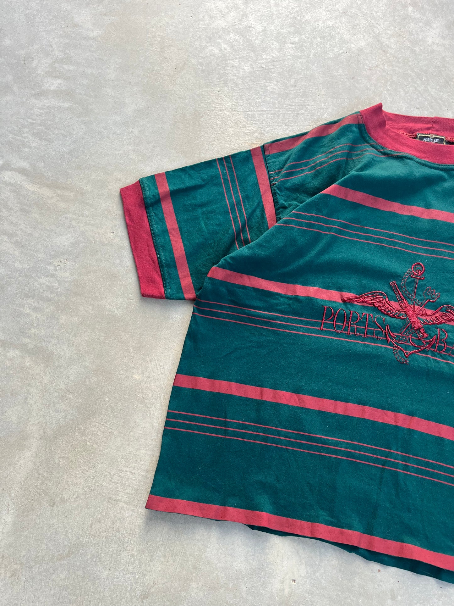 1980S - “PORTS BAY“ BOXY CROPPED STRIPED & EMBROIDERED TSHIRT - M