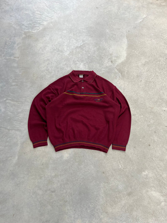 1990S - STRIPED BORDEAUX POLO COLLAR SWEATER - L