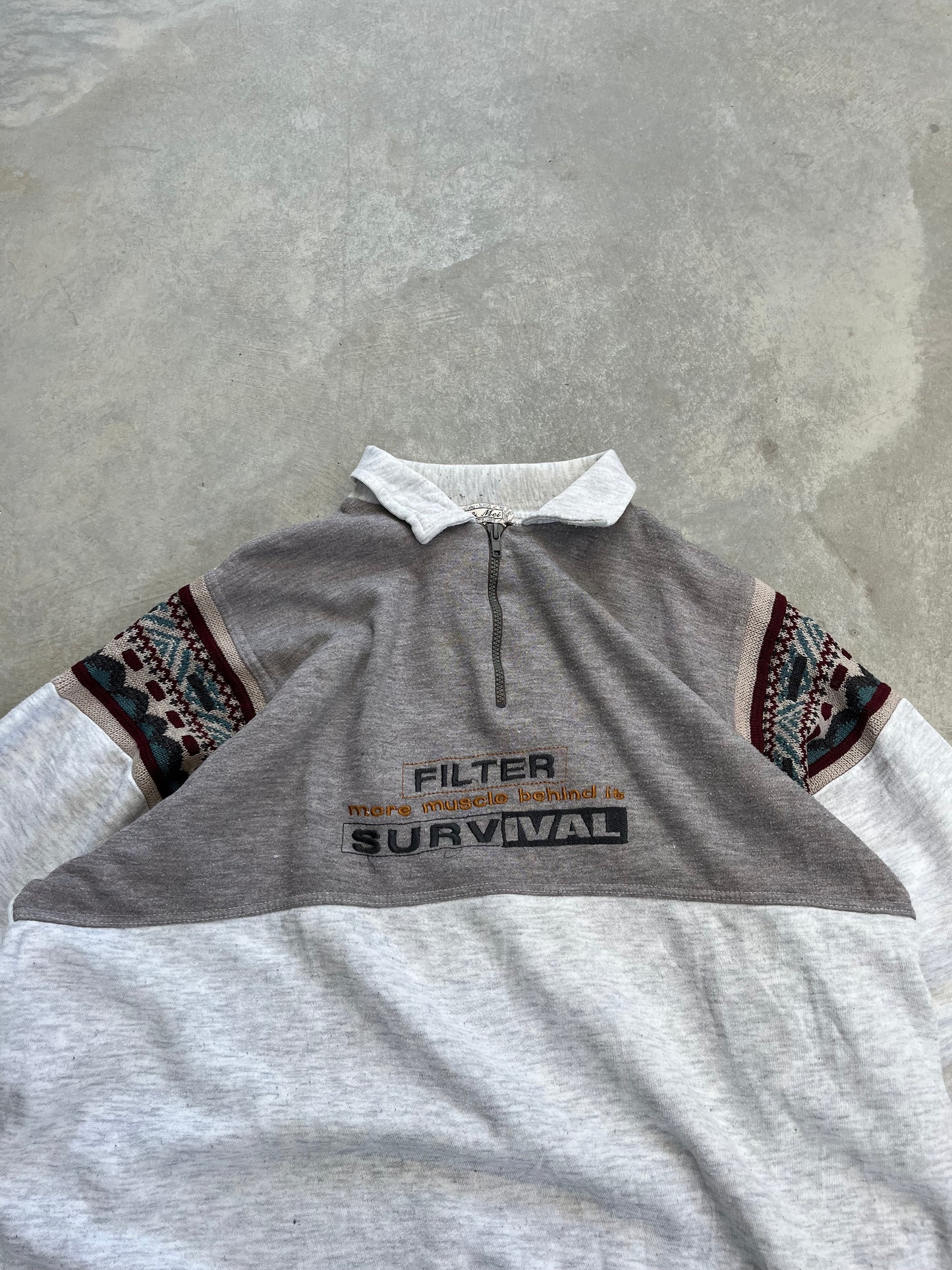 1990S - AZTEC KNIT SLEEVES POLO COLLAR SWEATSHIRT- XL