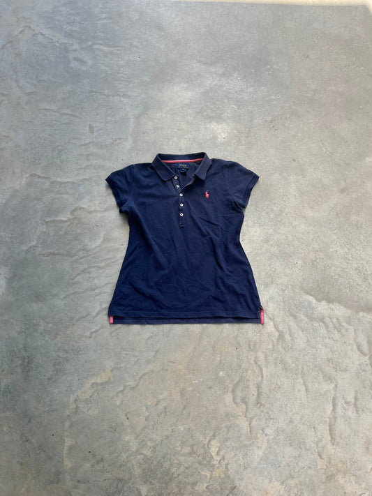 1990S - POLO RALPH LAUREN NAVY & PINK BUTTONED WOMENS SHIRT - S