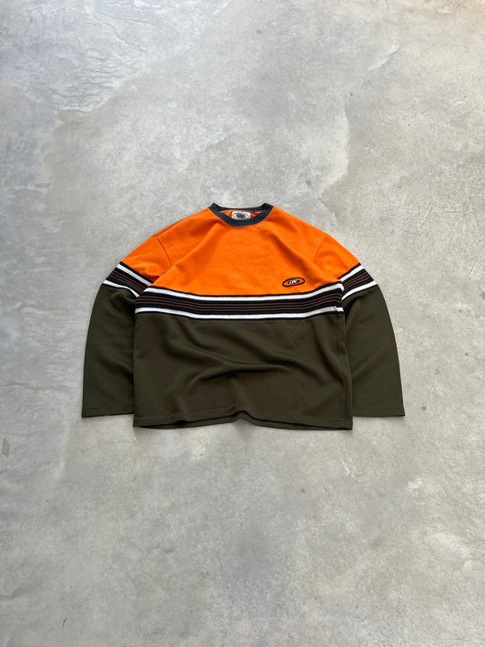 2000S - CYBERSTYLE OLIVE GREEN & ORANGE STRIPED CREWNECK - XL