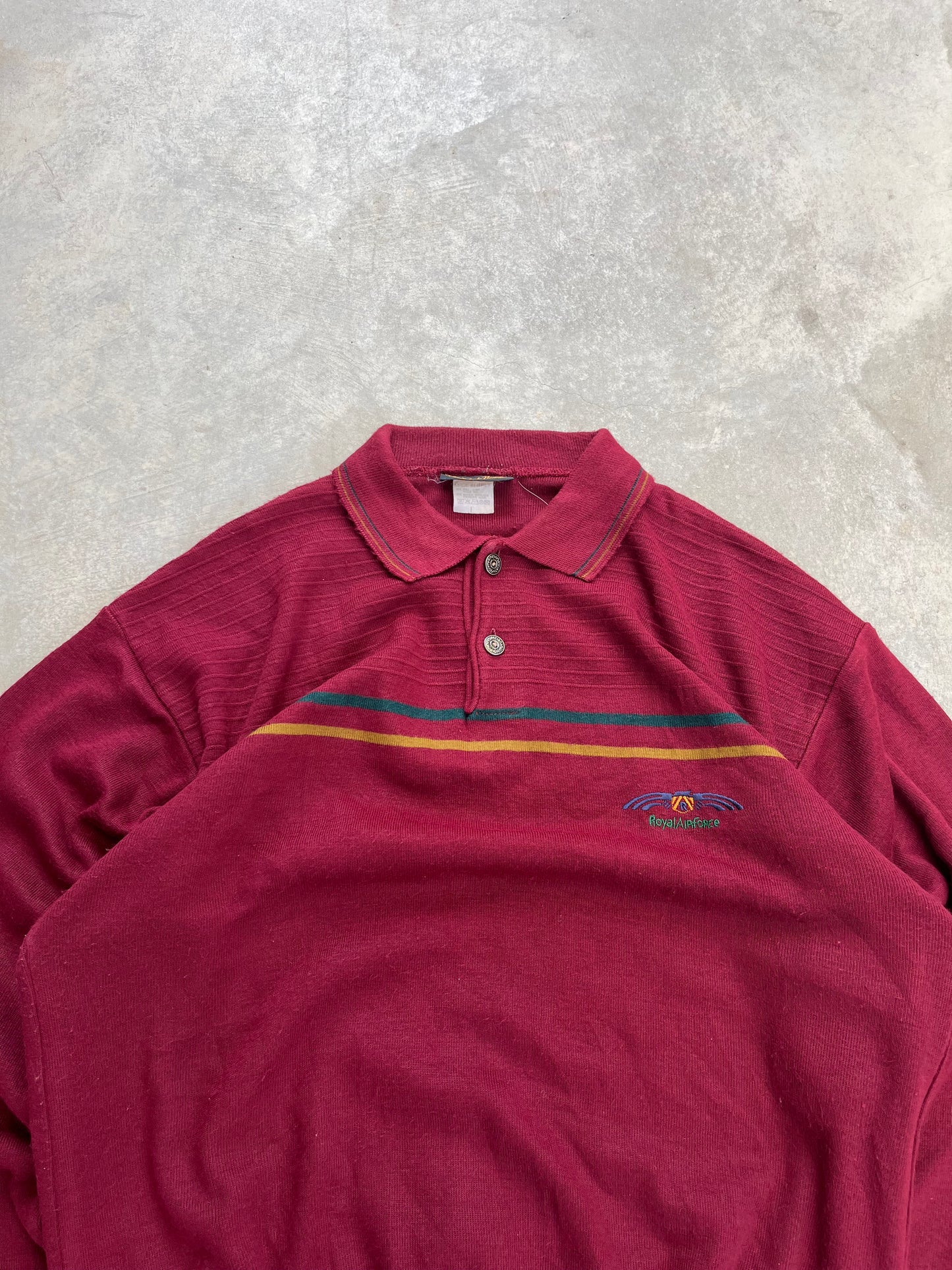 1990S - STRIPED BORDEAUX POLO COLLAR SWEATER - L