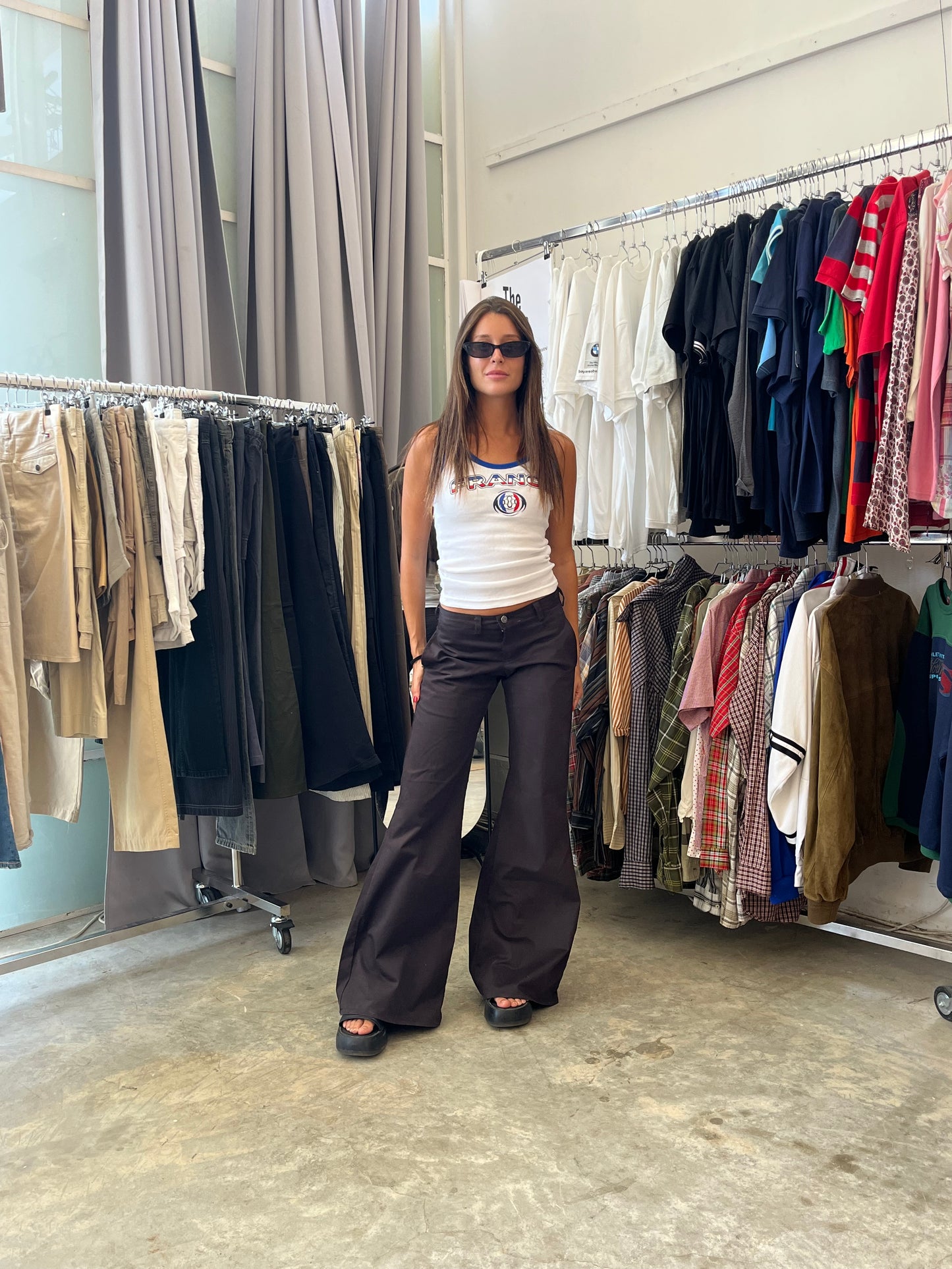 1990S - BROWN SIXTIES ZIPPY DEAD STOCK LOW RISE FLARED PANTS - 34