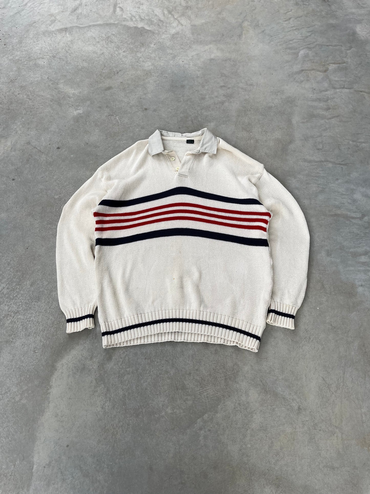 1990S - NAVY & RED POLO COLLAR STRIPED SWEATER - L
