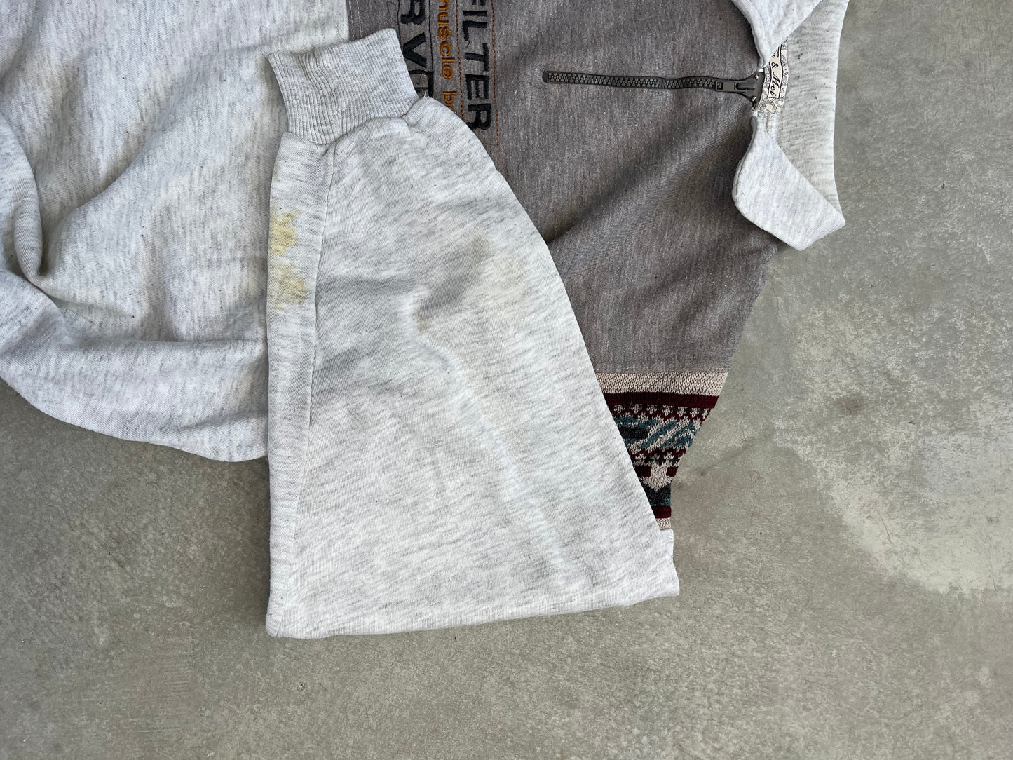 1990S - AZTEC KNIT SLEEVES POLO COLLAR SWEATSHIRT- XL