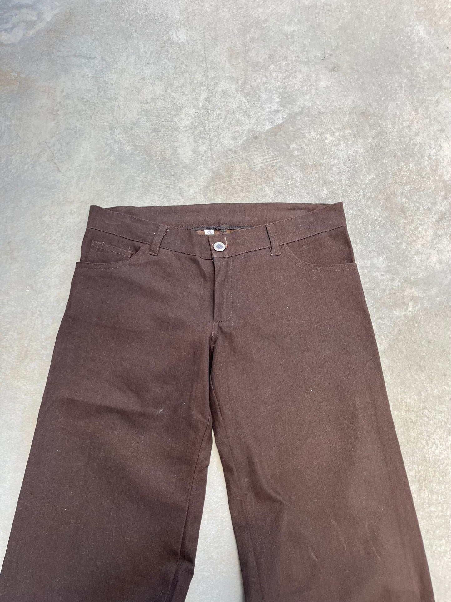 1990S - BROWN SIXTIES ZIPPY DEAD STOCK LOW RISE FLARED PANTS - 34