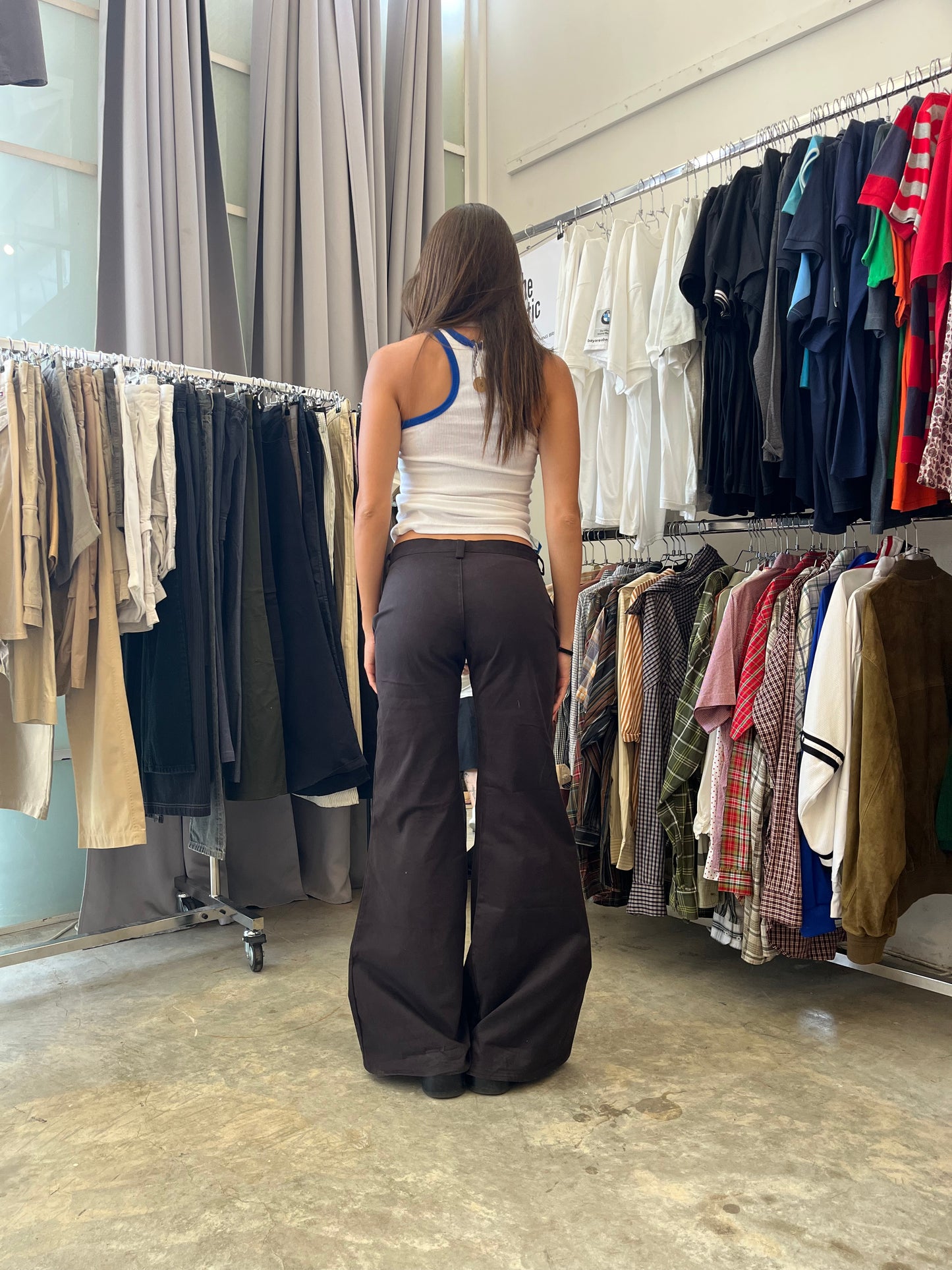 1990S - BROWN SIXTIES ZIPPY DEAD STOCK LOW RISE FLARED PANTS - 34