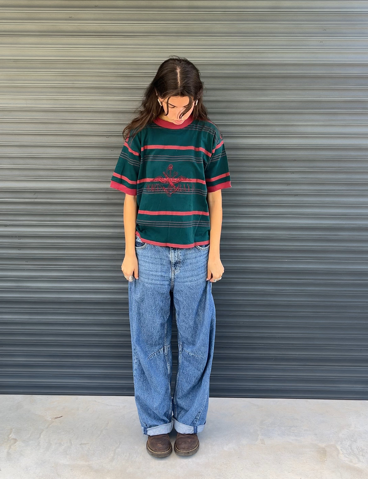 1980S - “PORTS BAY“ BOXY CROPPED STRIPED & EMBROIDERED TSHIRT - M