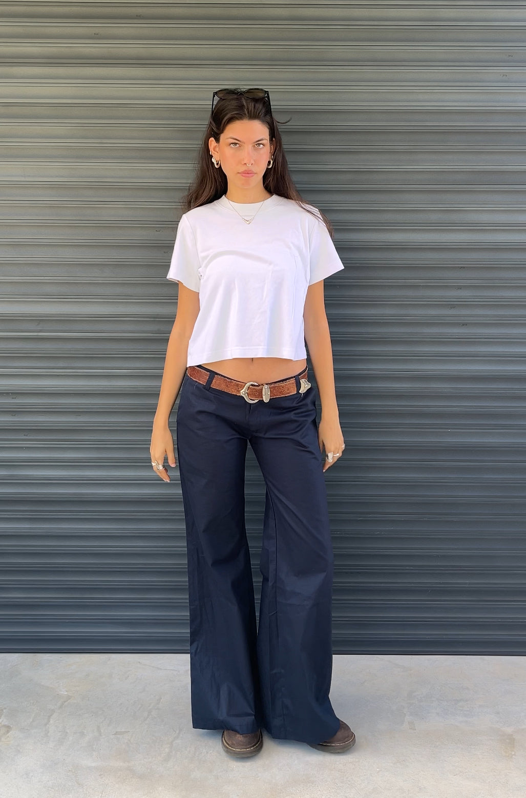 2000S - NAVY DEAD STOCK SIXTIES TZIPPY LOW RISE FLARED PANTS - 36/40