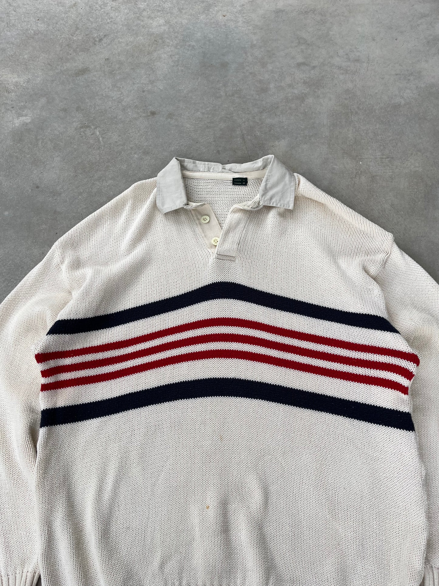 1990S - NAVY & RED POLO COLLAR STRIPED SWEATER - L