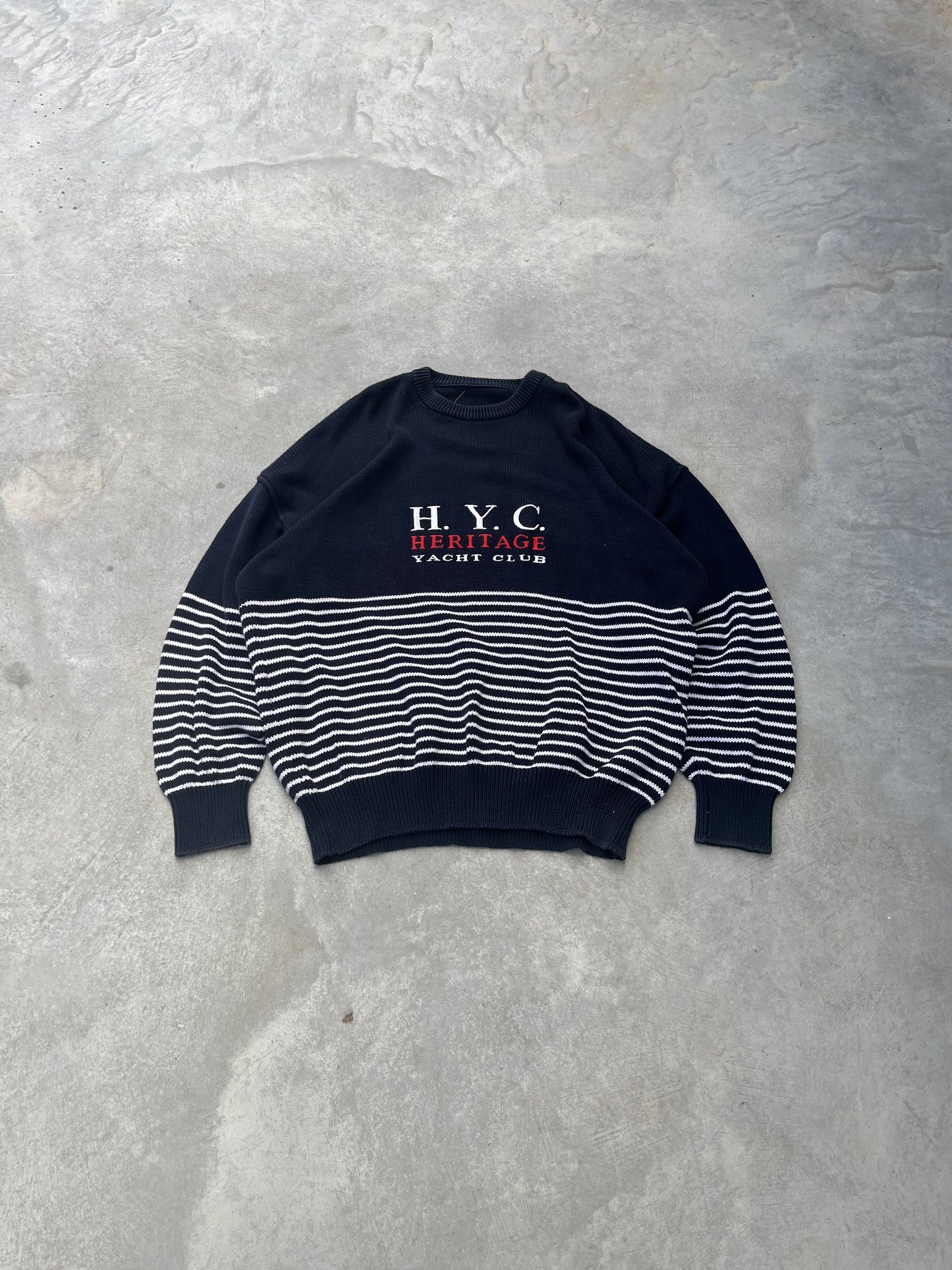 1980S - STRIPED “YACHT CLUB” EMBROIDERED SWEATER - XL