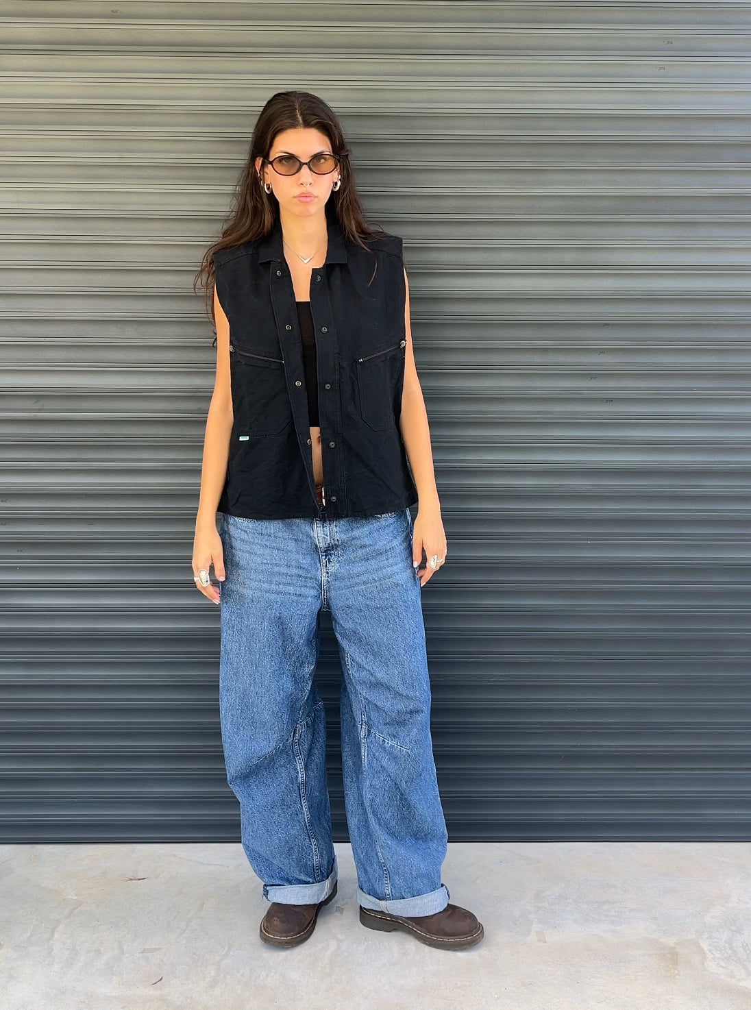 1990S - BLACK BIKER STYLE DENIM VEST - L