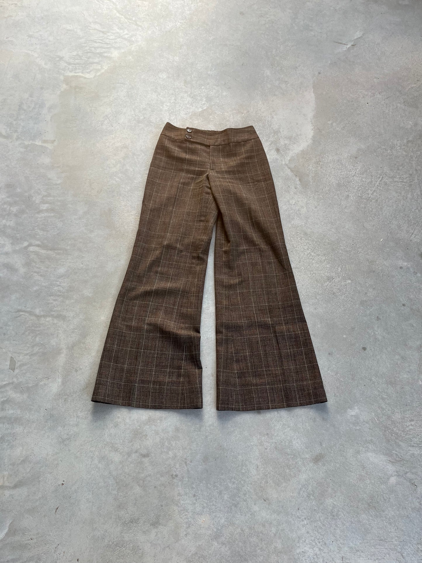 1990S - BROWN PLAID FLARED WIDE LEG TAILORED PANTS - 34