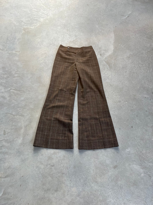 1990S - BROWN PLAID FLARED WIDE LEG TAILORED PANTS - 34