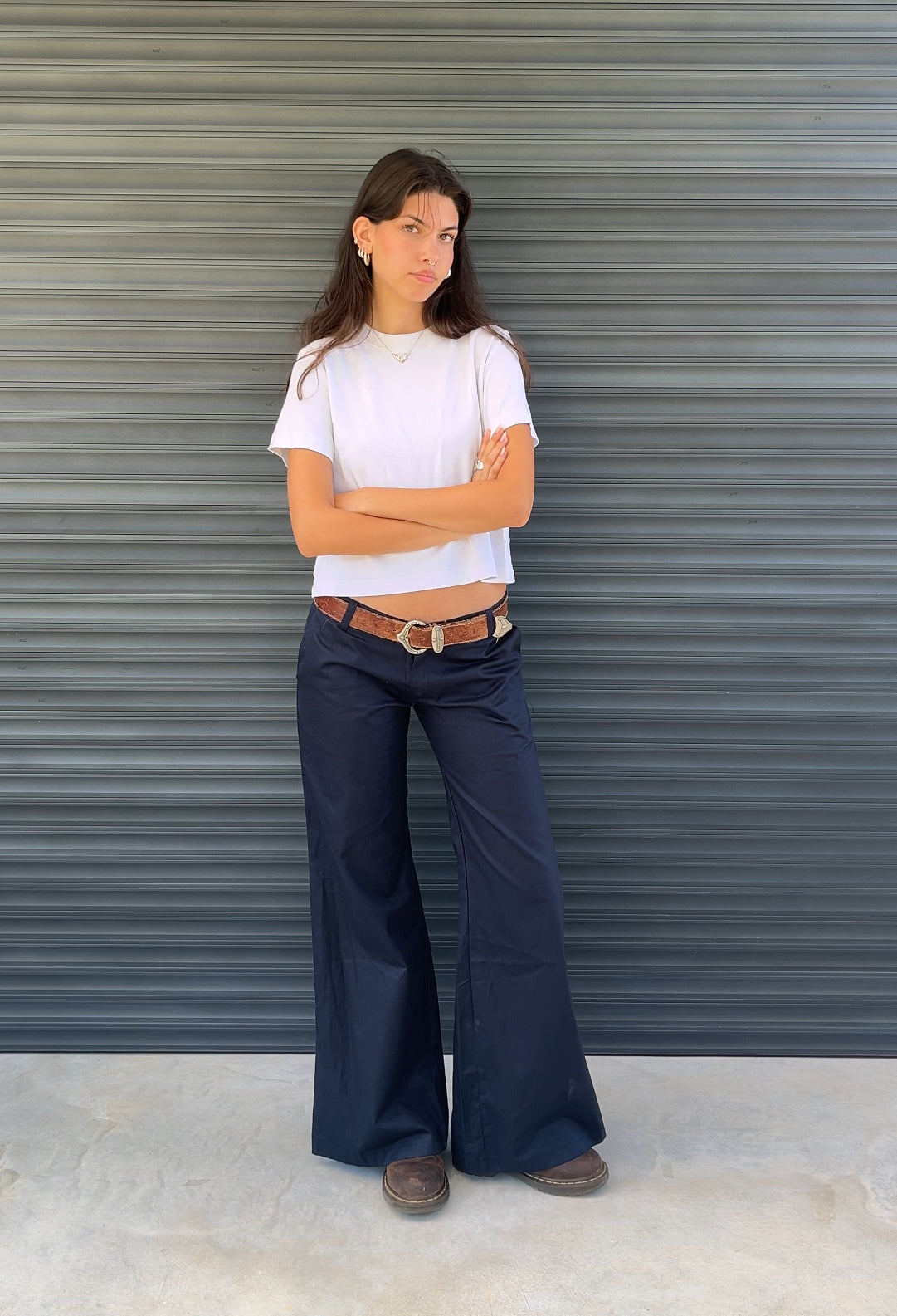 2000S - NAVY DEAD STOCK SIXTIES TZIPPY LOW RISE FLARED PANTS - 36/40