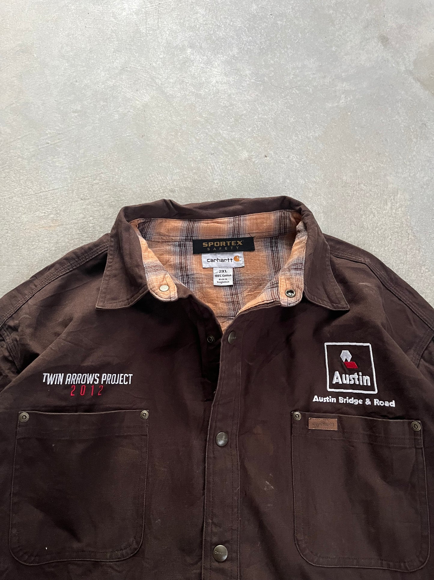 2000S - CARHARTT BROWN FLANNEL LINED EMBROIDERED SHIRT JACKET - 2/3XL