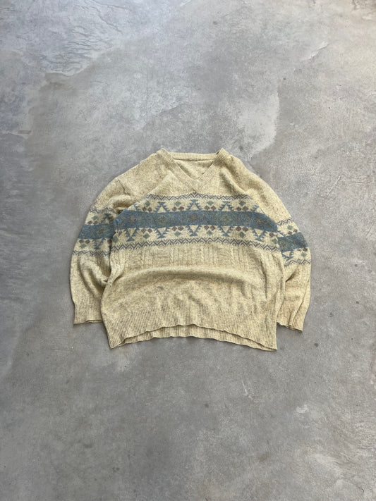 1990S - YELLOW PATTENED KNIT V NECK SWEATER - L