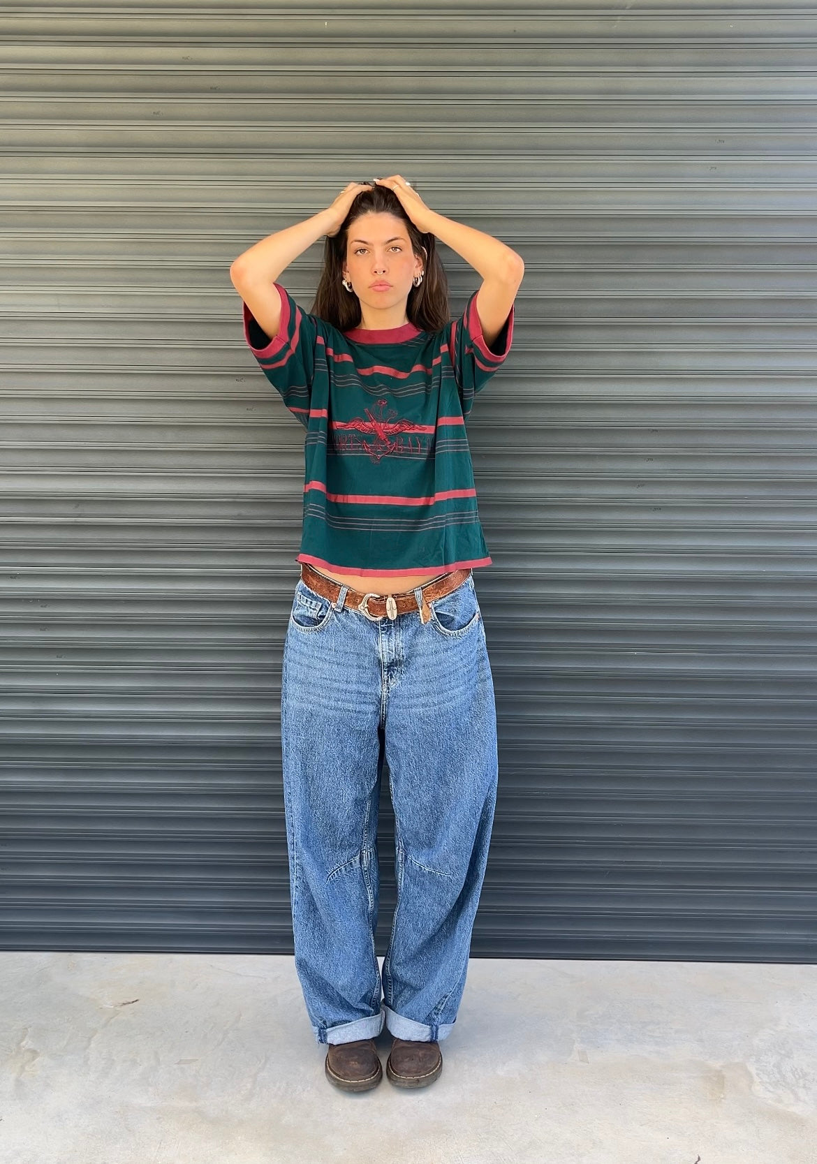 1980S - “PORTS BAY“ BOXY CROPPED STRIPED & EMBROIDERED TSHIRT - M
