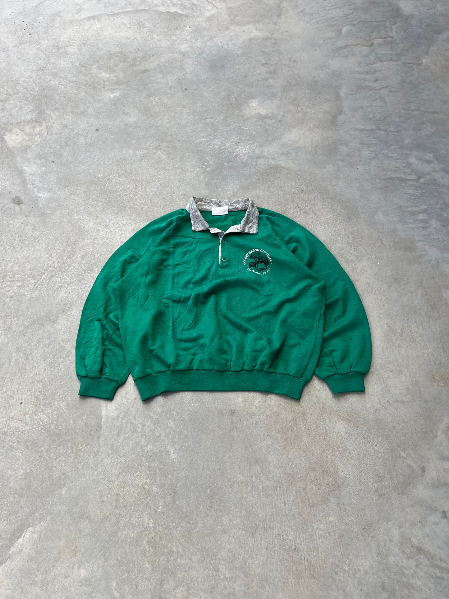 1990S - GREEN POLO COLLAR PRINTED SWEATSHIRT - M