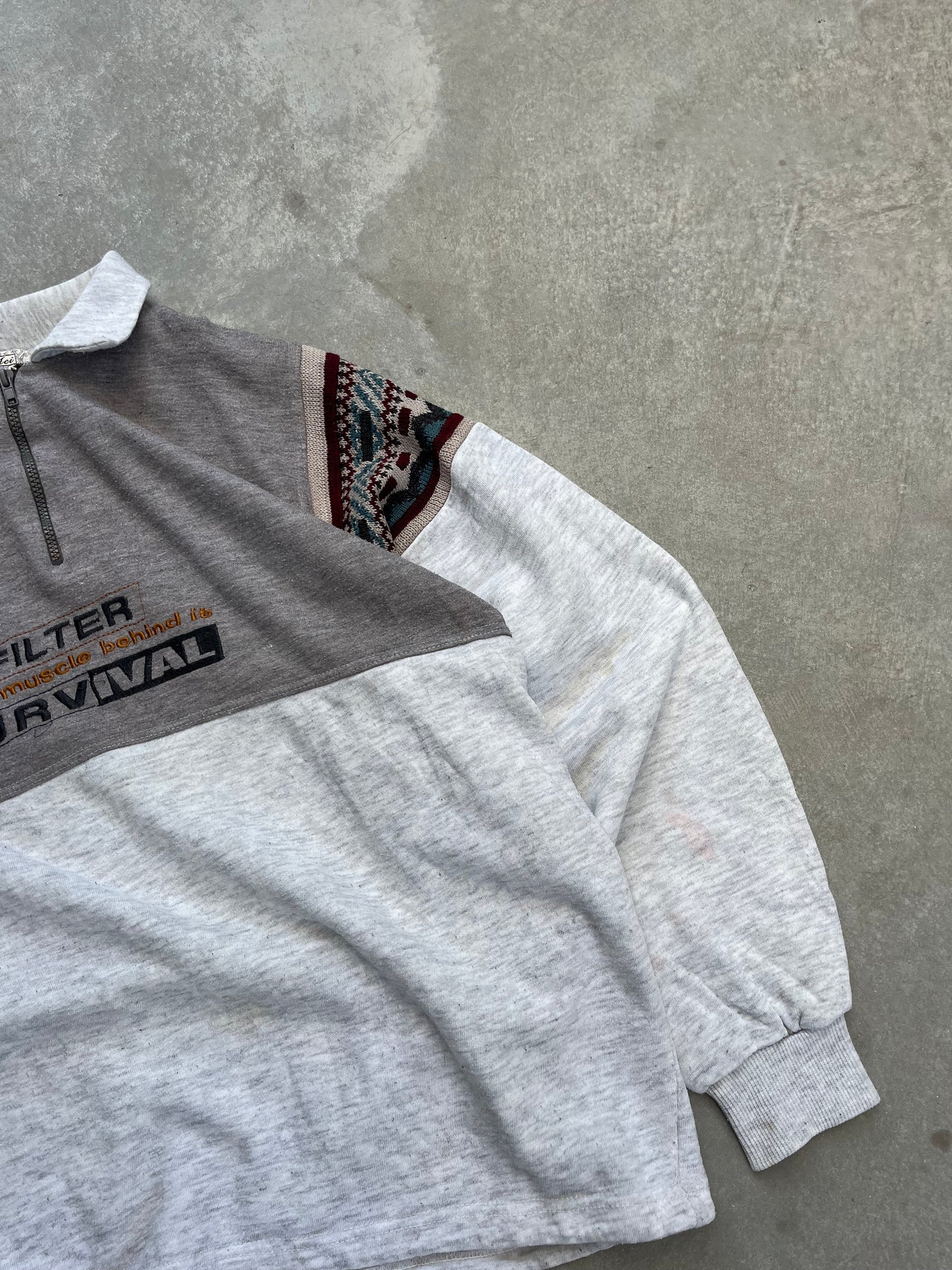 1990S - AZTEC KNIT SLEEVES POLO COLLAR SWEATSHIRT- XL