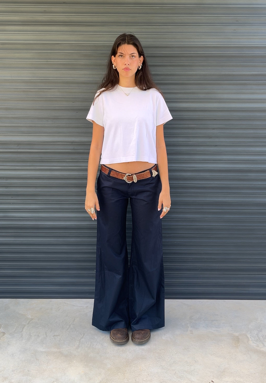 2000S - NAVY DEAD STOCK SIXTIES TZIPPY LOW RISE FLARED PANTS - 36/40