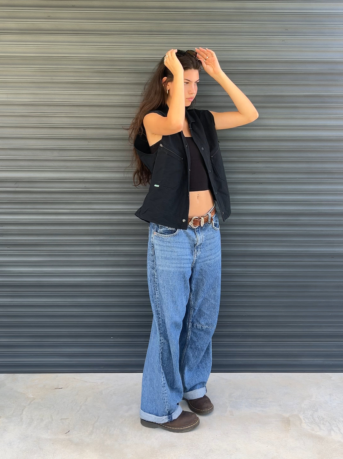 1990S - BLACK BIKER STYLE DENIM VEST - L