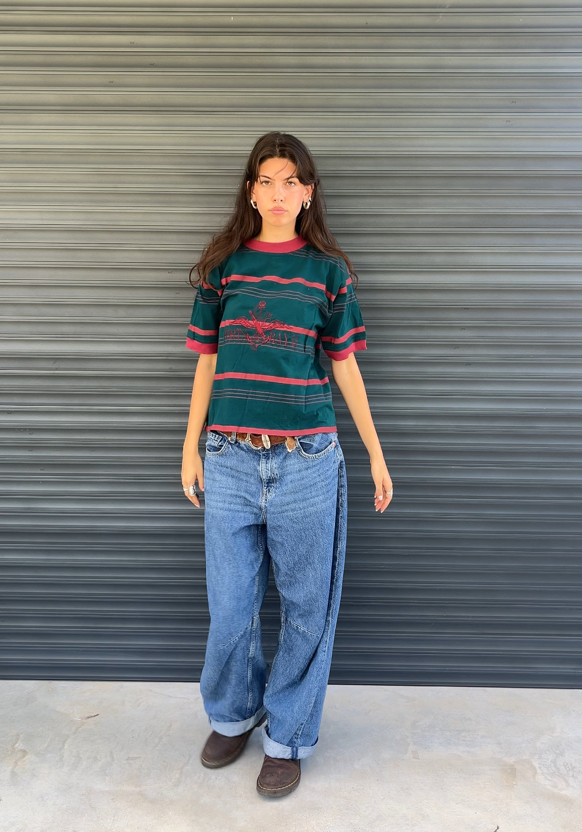 1980S - “PORTS BAY“ BOXY CROPPED STRIPED & EMBROIDERED TSHIRT - M