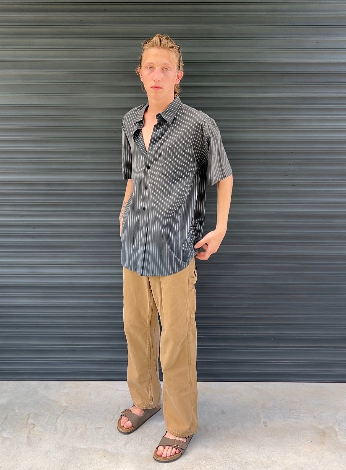 1990S - DARK GRAY STRIPED BUTTON UP SHIRT - XL