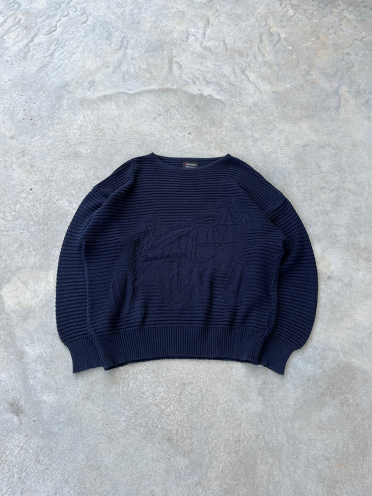 1990S - MAN RIDING A HORSE NAVY RIBBED SWEATER - M